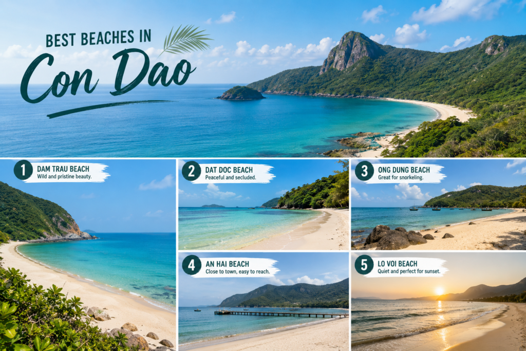 Looking for the best beaches in Con Dao, Vietnam? Discover Dam Trau Beach, An Hai Beach, Bai Nhat & hidden coves with crystal-clear snorkeling spots, turtle beaches, and a peaceful island escape.