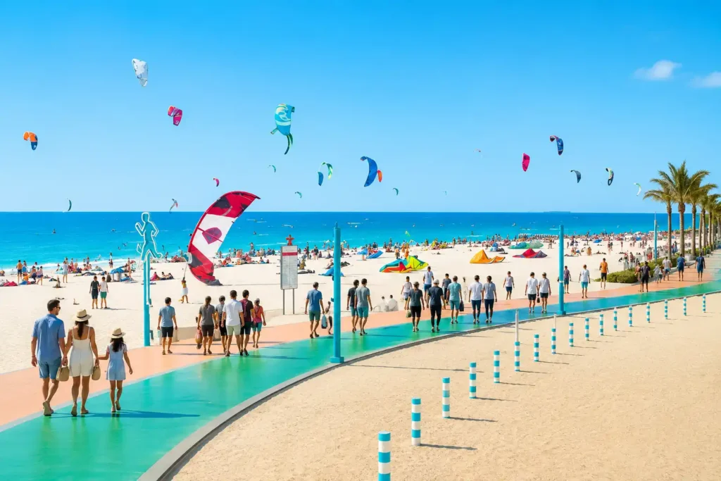 Colorful kitesurfing activity at Kite Beach Dubai waterfront