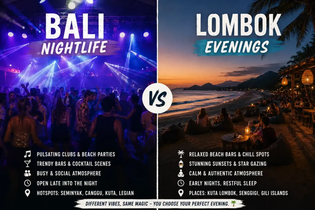 Comparison of Bali nightlife and relaxed Lombok beach evenings