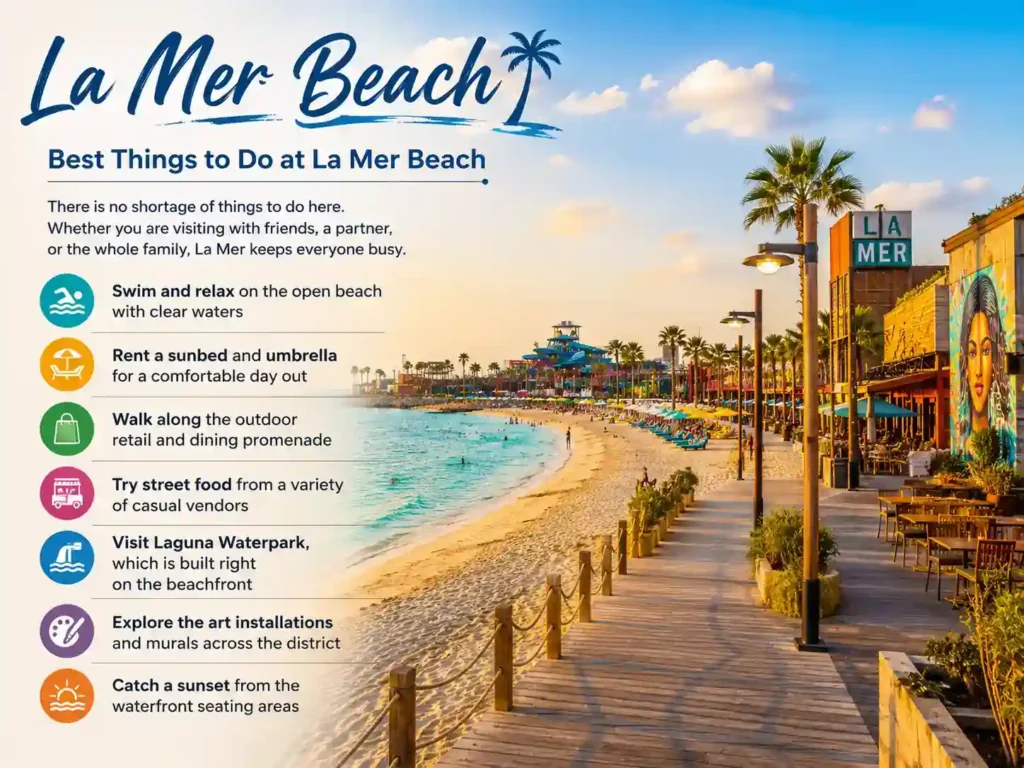 Best things to do at La Mer Beach Dubai including beach walks restaurants and Laguna Waterpark