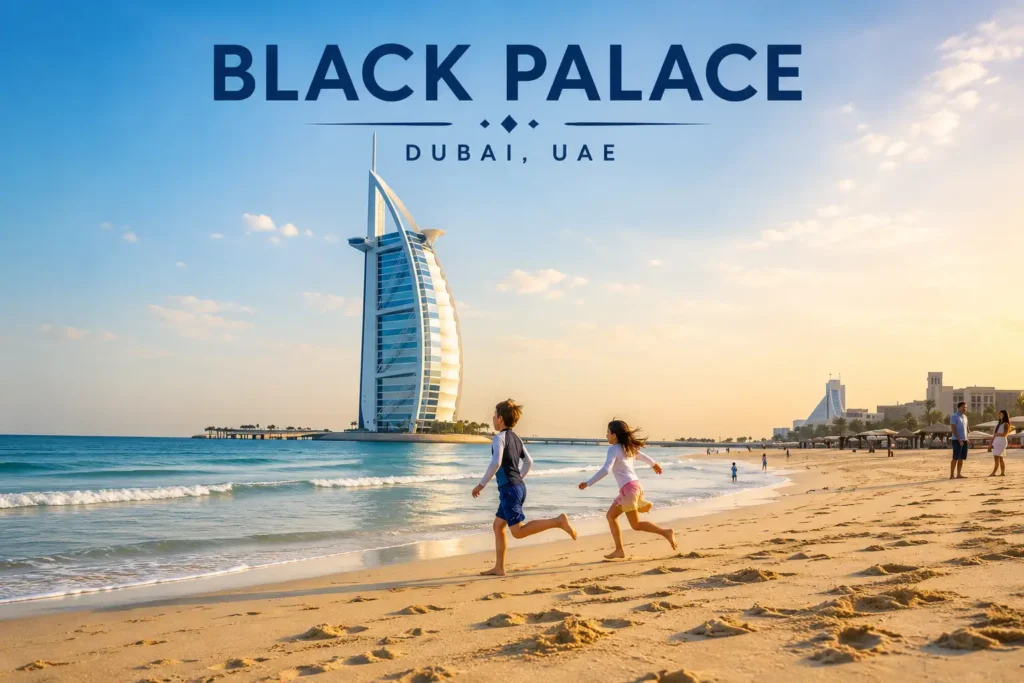 Black Palace Beach Dubai with Burj Al Arab and golden sandy shore
