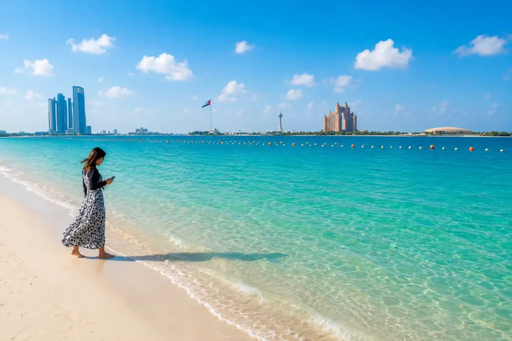 Woman standing beside crystal-clear water at Corniche Beach Abu Dhabi