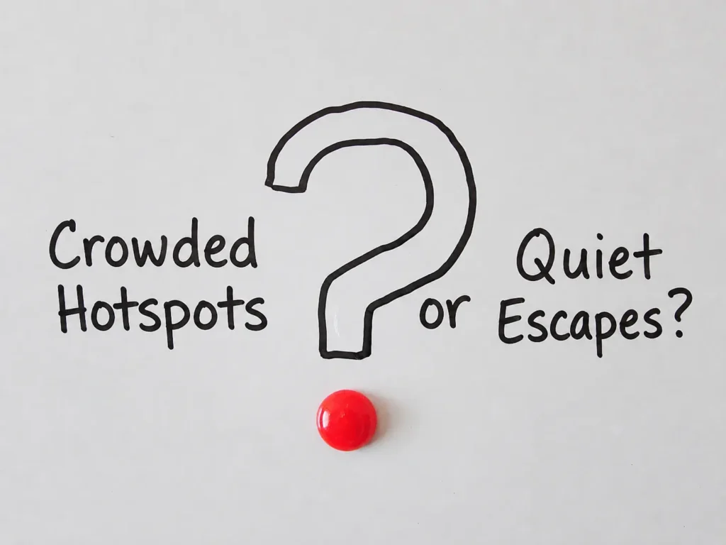 Question mark illustrating the choice between crowded tourist hotspots and quiet island escapes