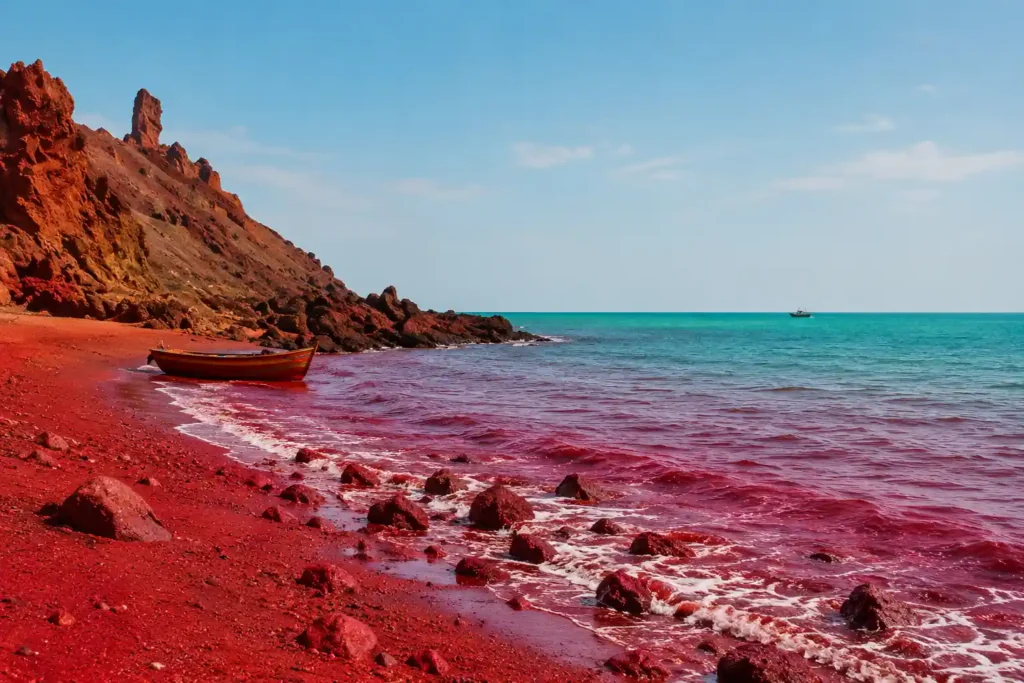 Traditional fishing boat resting on the red shoreline of Hormuz Red Beach in Iran