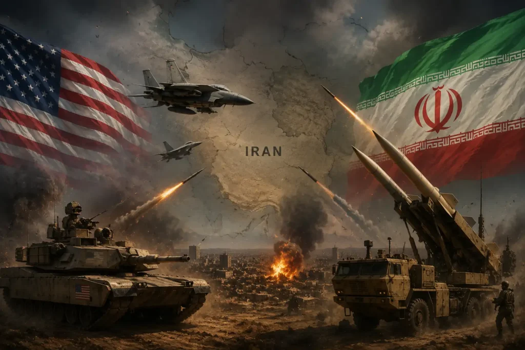 Dramatic illustration of Iran–US tensions near the Strait of Hormuz with military imagery