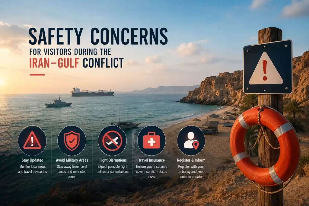 Safety warning sign near Gulf coastline during regional conflict travel concerns