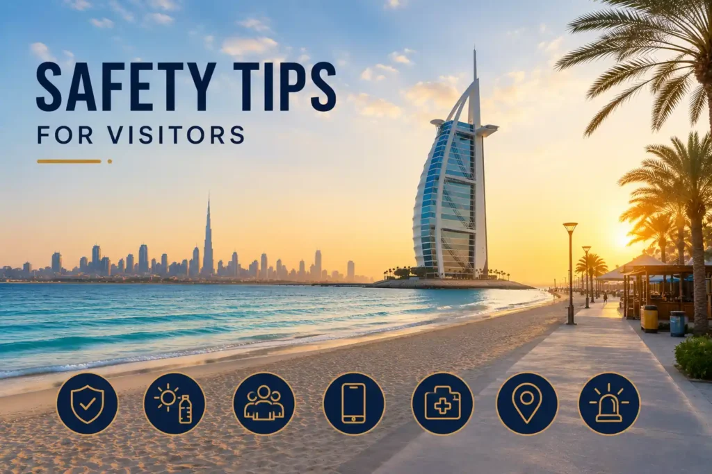Safety tips graphic for visitors at Kite Beach Dubai with skyline view
