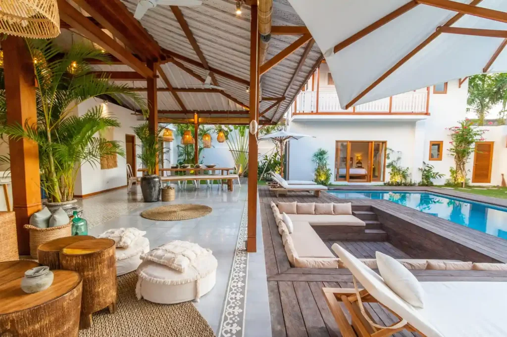 Boutique resort with poolside lounge and tropical architecture