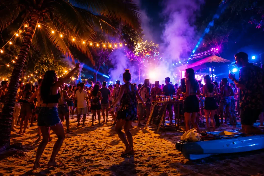 Travelers enjoying a lively beach party at night in Port Barton