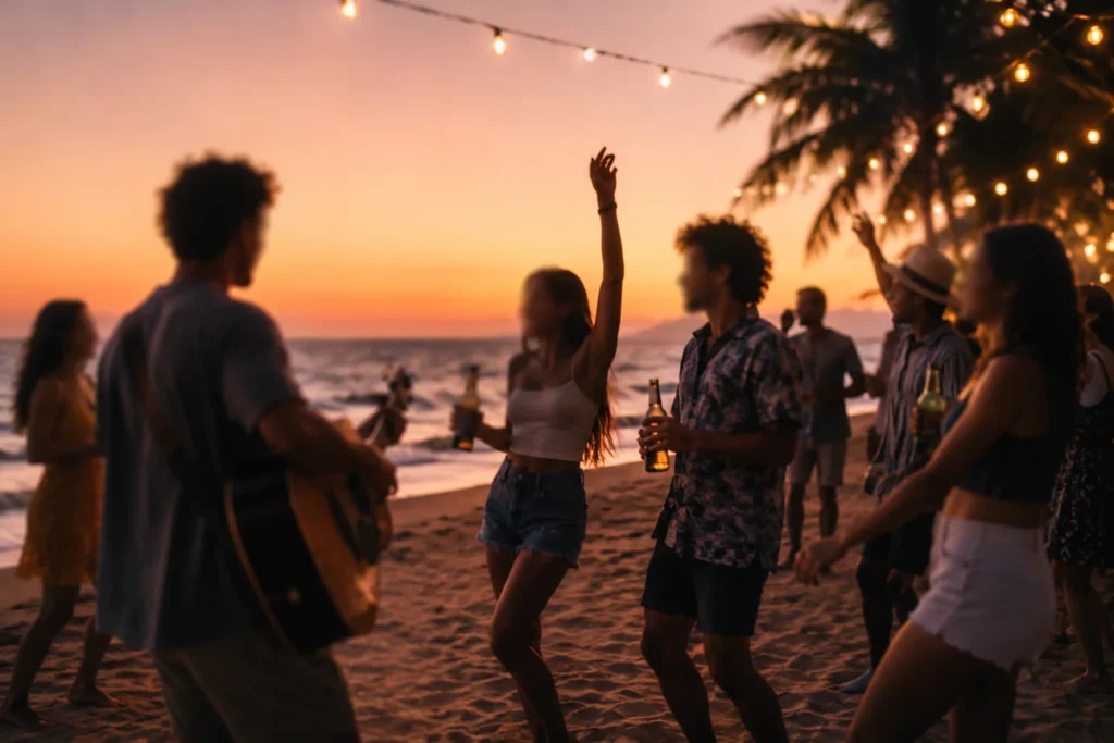 Friends dancing at a beach party during sunset in Port Barton