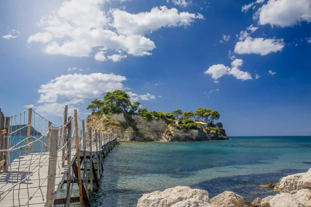 Wooden jetty and island coastline view near Pulau Kapas Malaysia