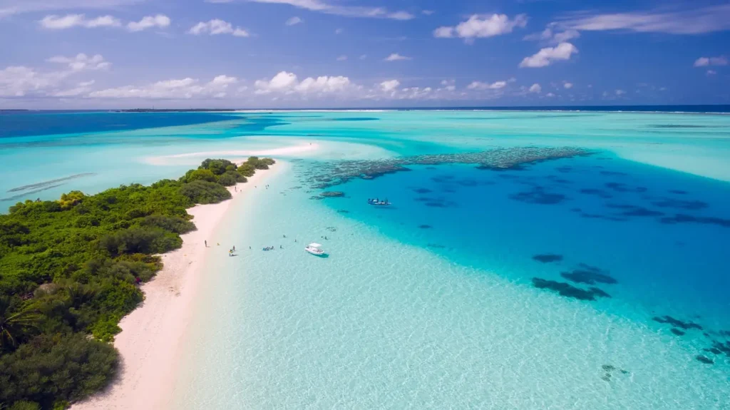 Aerial view of turquoise beaches and sandbanks near Malaysian tropical islands