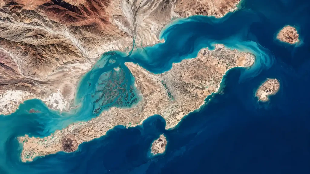 Aerial satellite-style view of Qeshm Island surrounded by turquoise Persian Gulf waters
