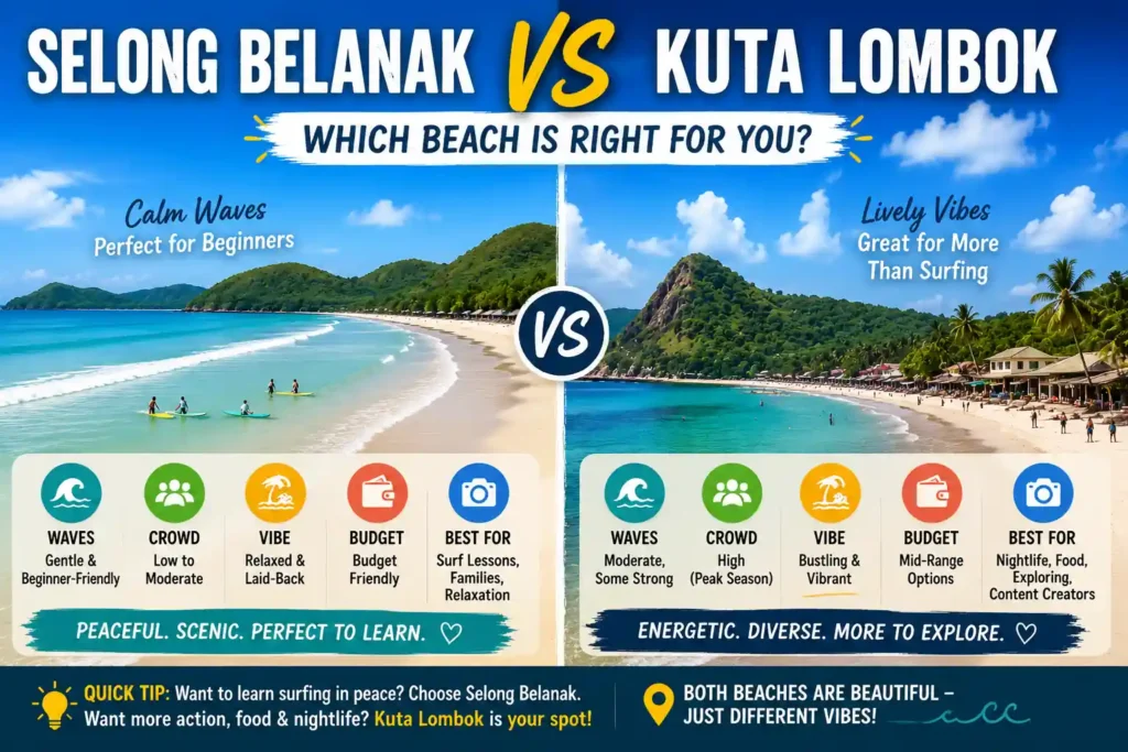 Selong Belanak vs Kuta Lombok beach comparison for surfers and travelers