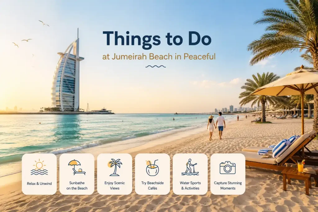 Couple walking at Jumeirah Beach with Burj Al Arab and beachfront activitie