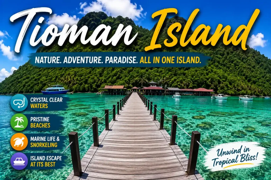 ioman Island wooden jetty over clear turquoise water in Malaysia