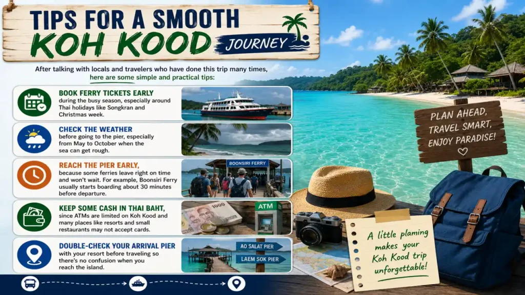 Travel tips infographic for a smooth Koh Kood journey including ferry booking, weather checks, cash tips, and pier arrival advice.