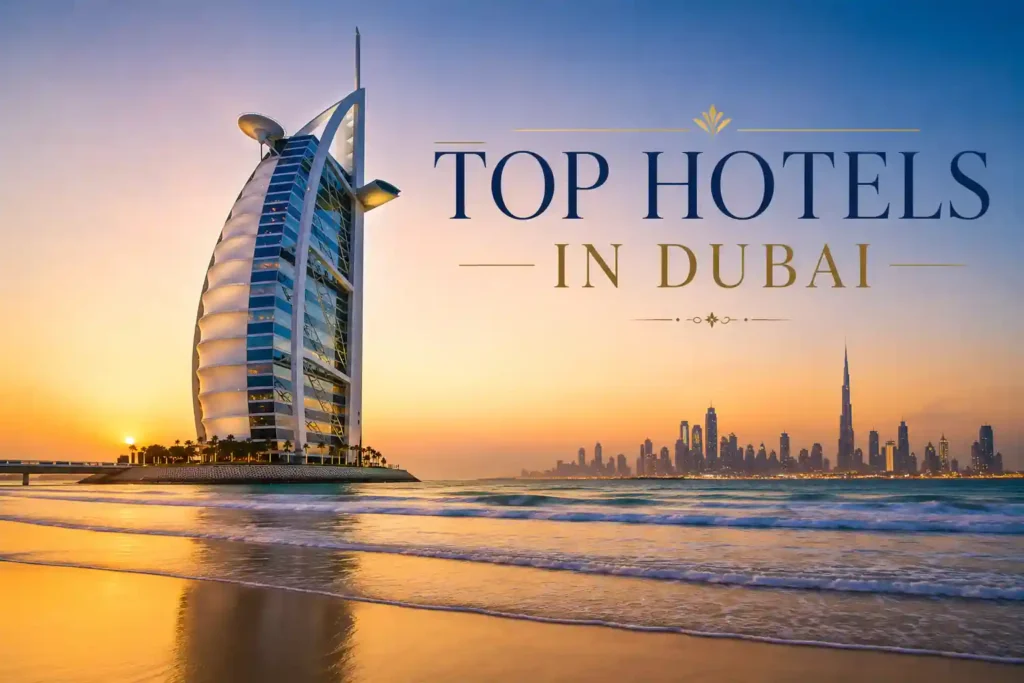 Top luxury hotels and beach resorts in Palm Jumeirah Dubai with Burj Al Arab view
