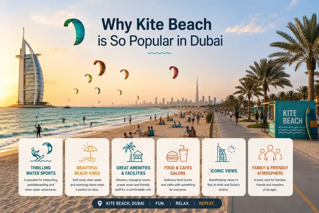 Visitors relaxing at Kite Beach Dubai with activity highlights and skyline backdrop
Caption: Kite Beach Dubai is popular for water sports, cafes, and family-friendly facilities.