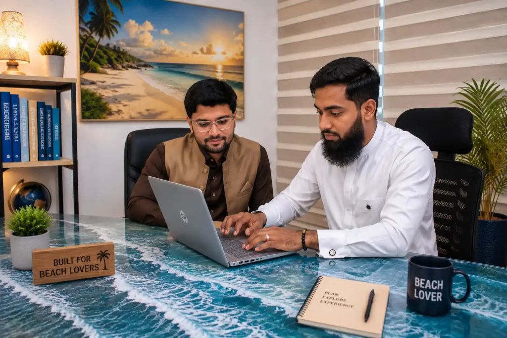 Hamza and Abdul Rehman working together at the Built for Beach Lovers office researching beach travel destinations