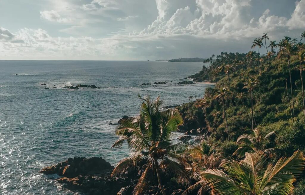 Dickwella Beach near Hiriketiya with palm trees, rocky coastline, and turquoise ocean in Sri Lanka