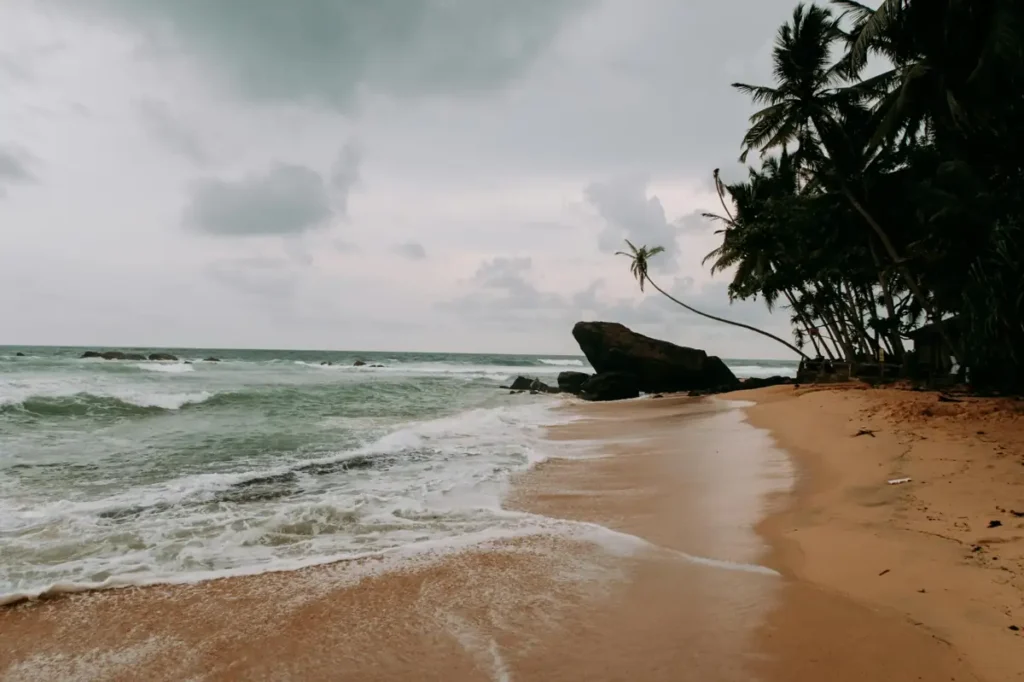 Waves washing ashore at Silent Beach Hiriketiya with palm trees and rocky coastline in Sri Lanka