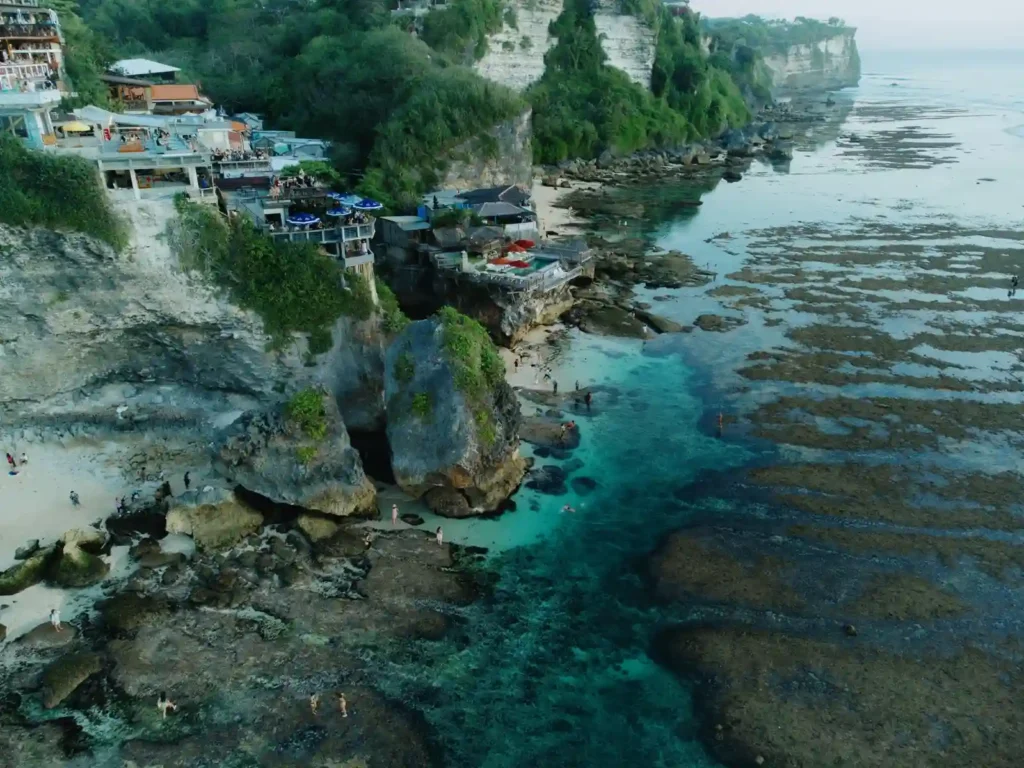 Aerial drone perspective of Nyang Nyang Beach and limestone cliffs