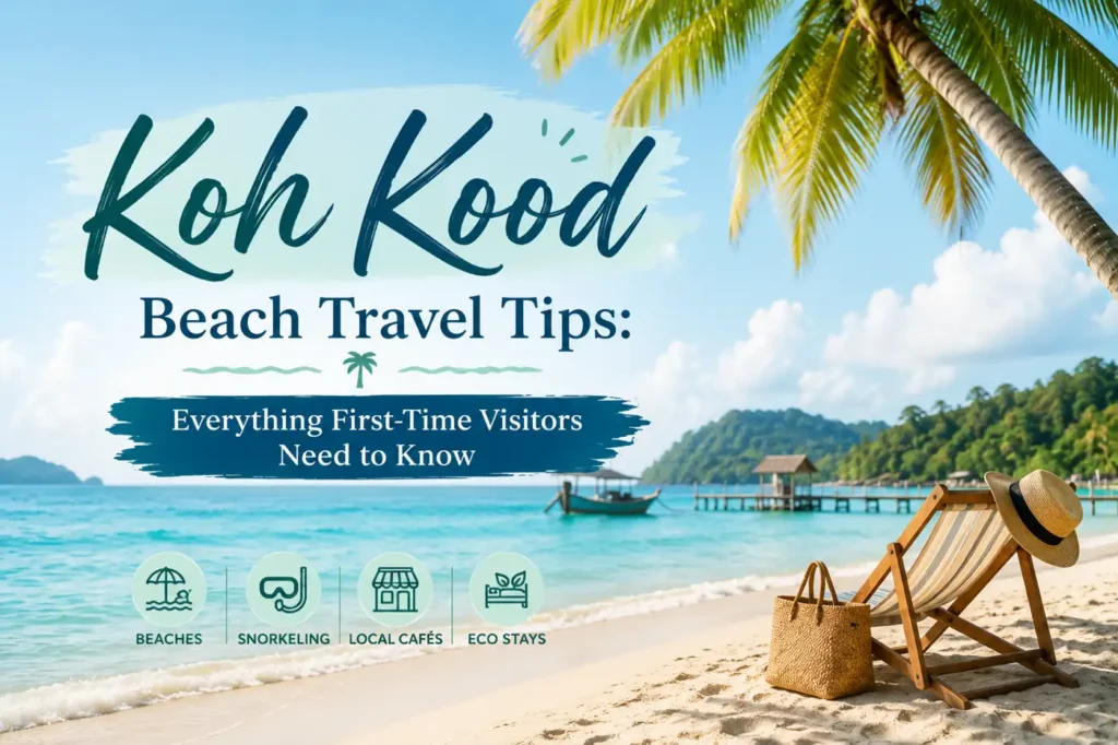 Koh Kood beach travel tips featured image with tropical beach, turquoise water, palm trees, beach chair, and island travel guide text