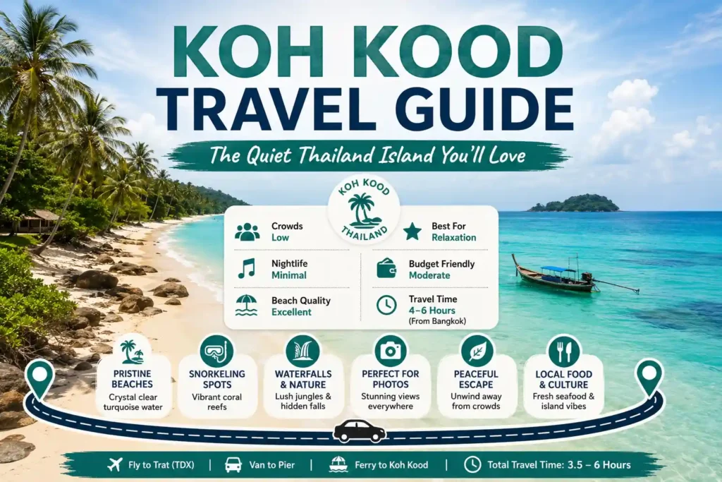 Koh Kood beach with turquoise water and palm trees in Thailand