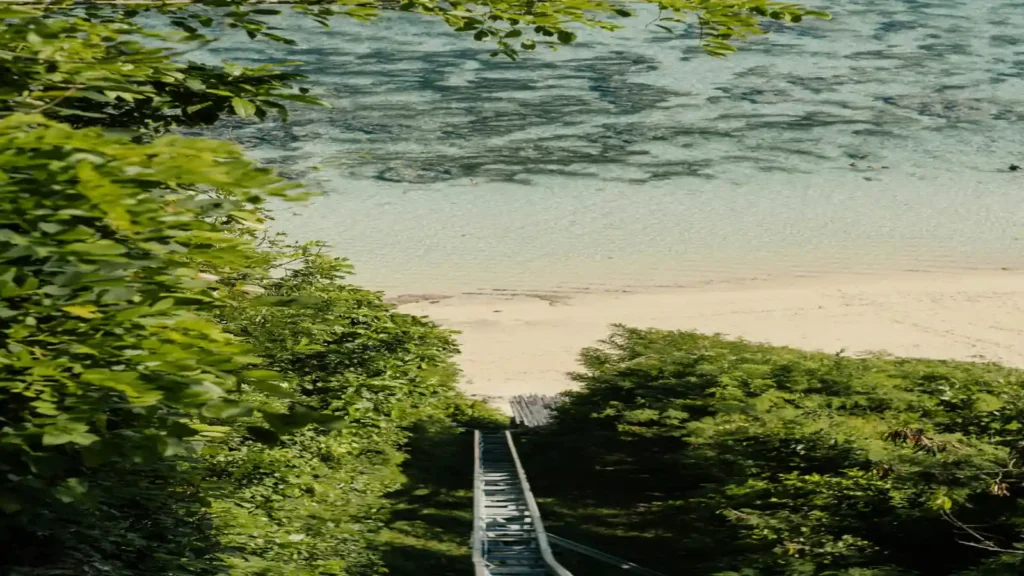Long staircase leading down to Nyang Nyang Beach through tropical greenery.