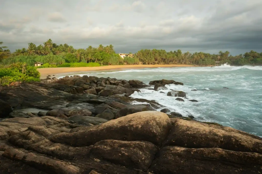 Hiriketiya Beach crescent bay coastline with palm trees and ocean waves