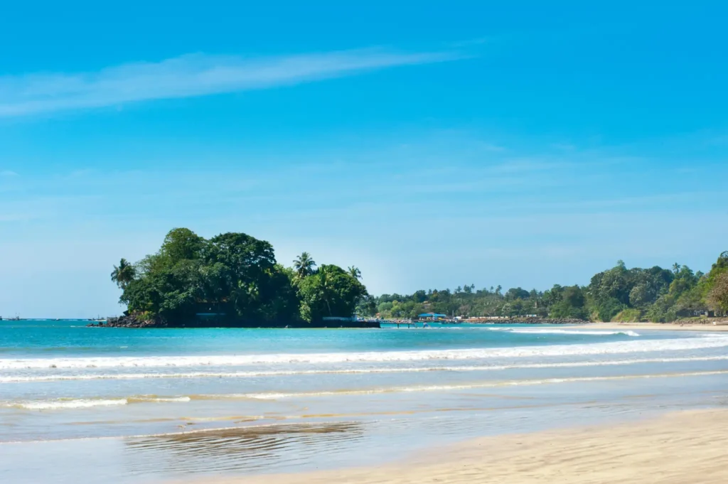 Sunny tropical beach with clear sky and calm ocean in Sri Lanka