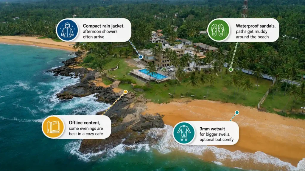 Aerial beach with travel packing tips infographic. 