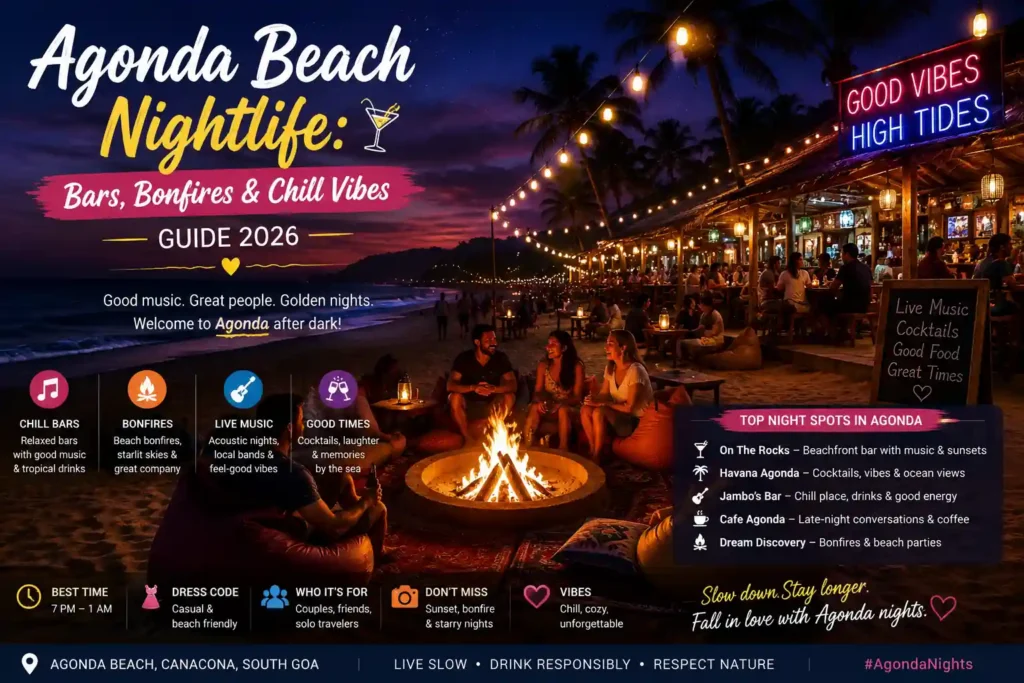 Beach bonfire and nightlife scene at Agonda Beach in Goa during sunset.