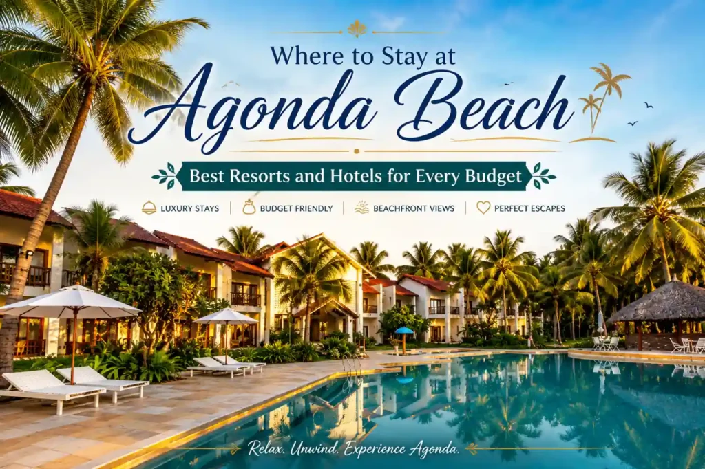 Luxury resort stay in Agonda Beach featuring a tropical poolside hotel surrounded by palm trees and beachfront cottages in South Goa