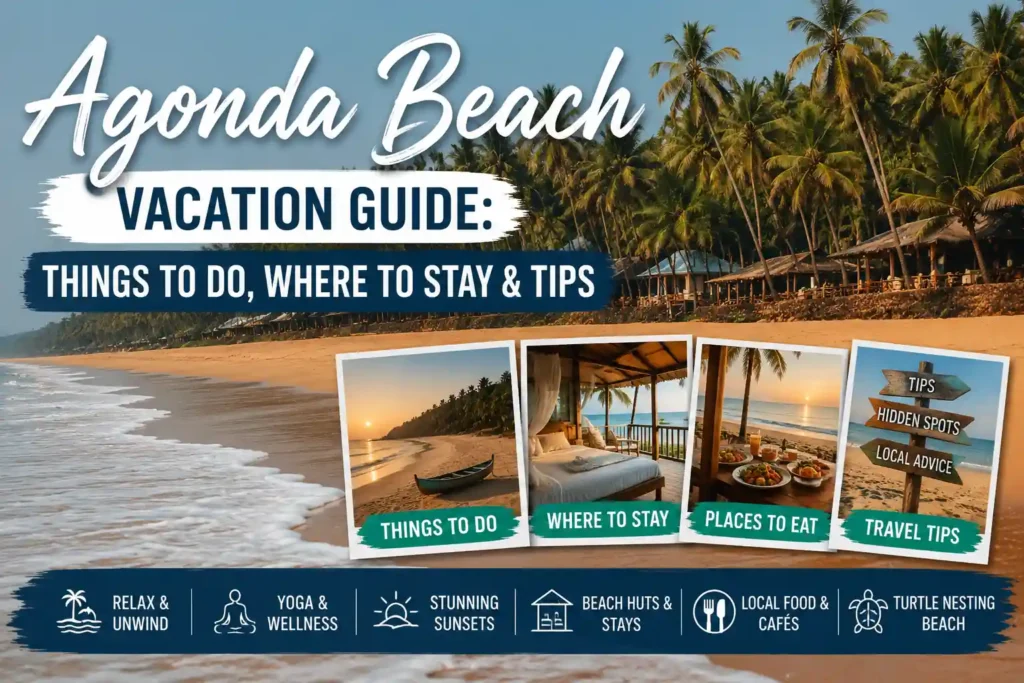 Golden sandy shoreline at Agonda Beach in South Goa with palm-lined beach huts, calm waves, and a peaceful tropical atmosphere.