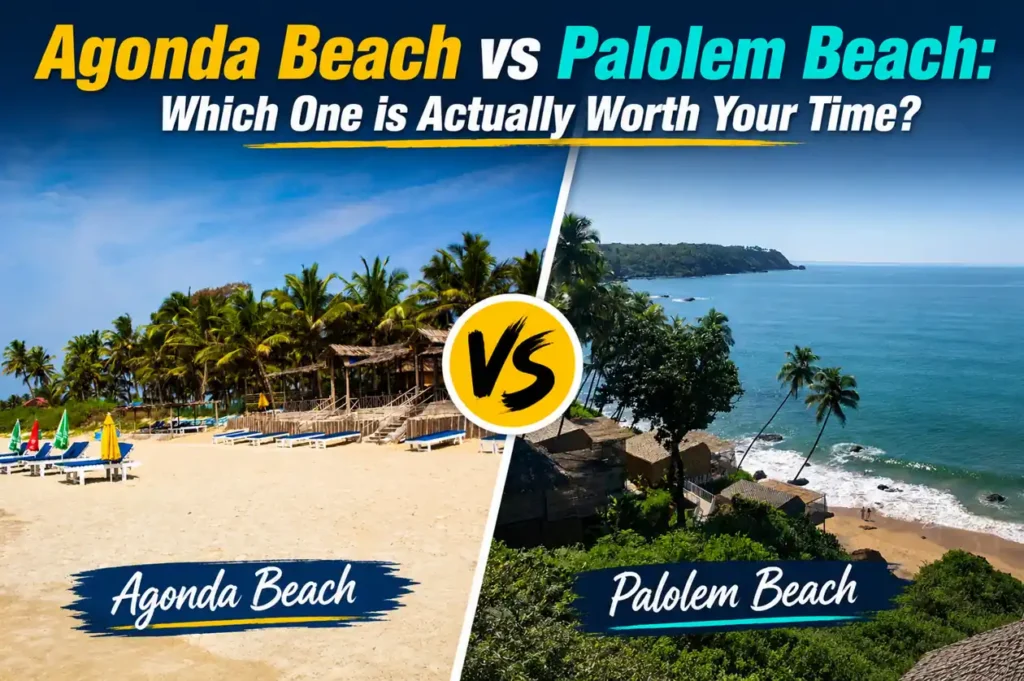 Split-image comparison of Agonda Beach and Palolem Beach in South Goa showing quiet sandy shores, tropical palm trees, ocean views, and a travel-style versus design