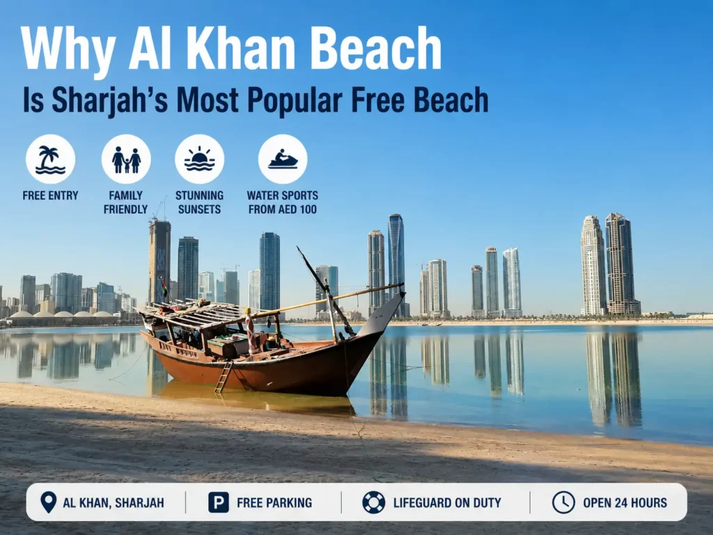 Traditional wooden dhow boat resting on the shoreline at Al Khan Beach with Sharjah skyline reflections under a clear blue sky.