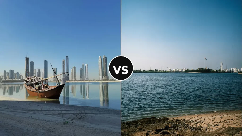 Side-by-side comparison of Al Khan Beach and Al Mamzar Beach featuring calm waterfront views, city skylines, and a central VS divider graphic.