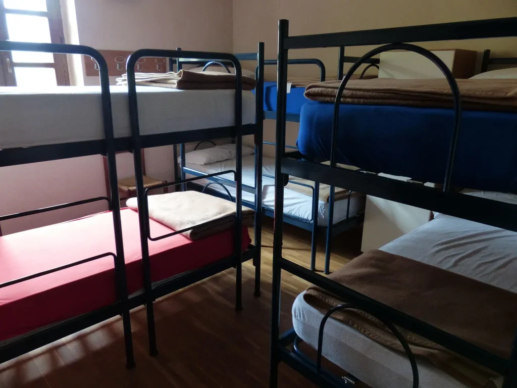 budget hostel dorm room with bunk beds for backpackers