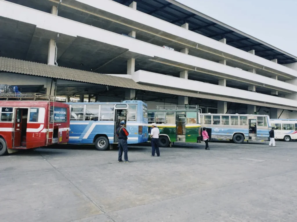Buses parked outside Bangkok Eastern Bus Terminal, a major transport hub for travelers heading to Koh Kood and other destinations in Thailand.