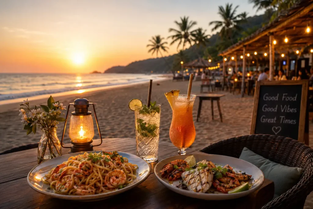 Beachside seafood dinner and cocktails at a romantic Agonda Beach cafe in Goa