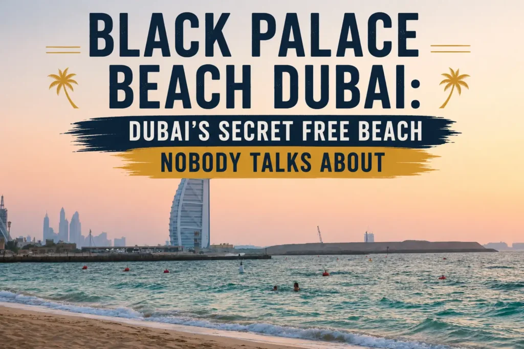 Black Palace Beach Dubai with calm turquoise water, sandy shoreline, and Burj Al Arab skyline view during sunset