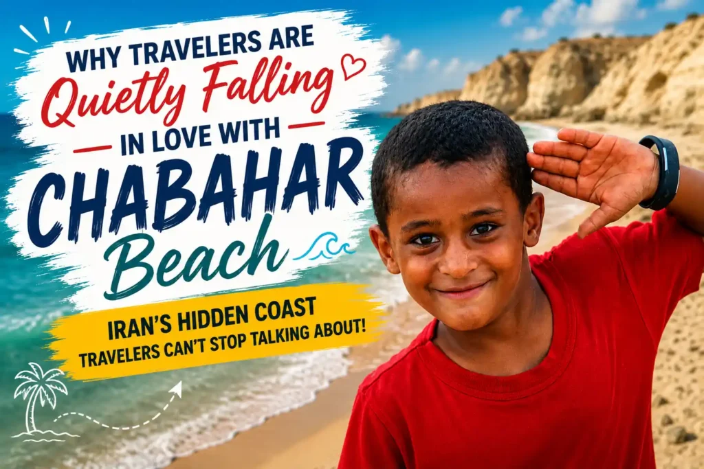 Smiling local child at Chabahar Beach in Iran with colorful travel-style text highlighting the hidden beauty of Iran’s coastal destination.