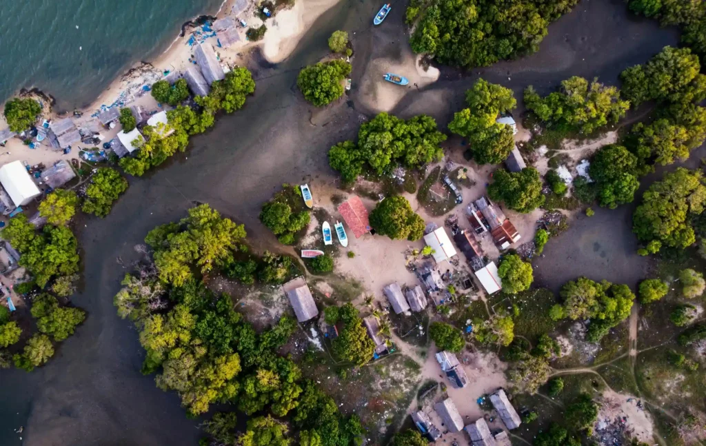 aerial view of coastal village near hiriketiya beach sri lanka