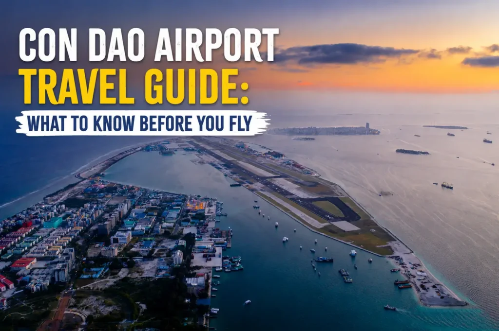 Aerial sunset view of Con Dao Airport and surrounding islands in Vietnam with bold travel guide text overlay about flying to Con Dao.