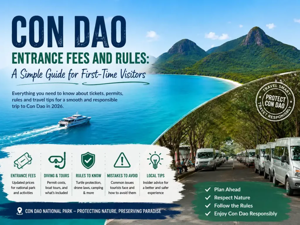 Con Dao entrance fees and rules travel guide cover showing tropical islands, ferry boat, national park transport, and visitor tips for first-time travelers in Vietnam