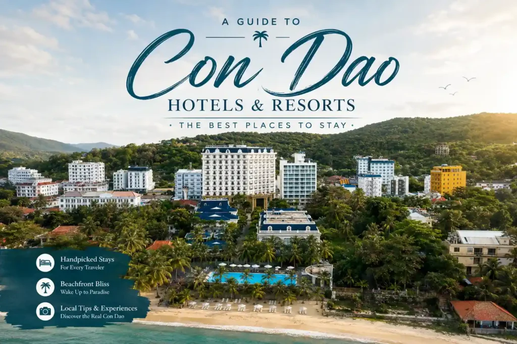 Aerial view of luxury beachfront resorts in Con Dao surrounded by tropical palm trees, green hills, and coastal scenery with stylish travel-guide typography reading “Con Dao Hotels & Resorts – The Best Places to Stay.”