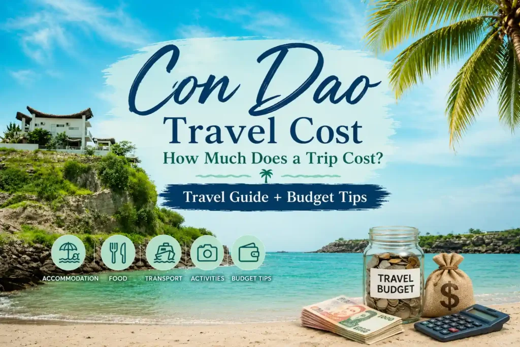 Con Dao Travel Cost featured image showing a tropical beach with turquoise water, rocky coastline, palm leaves, and budget travel elements including money, calculator, and travel expense icons.