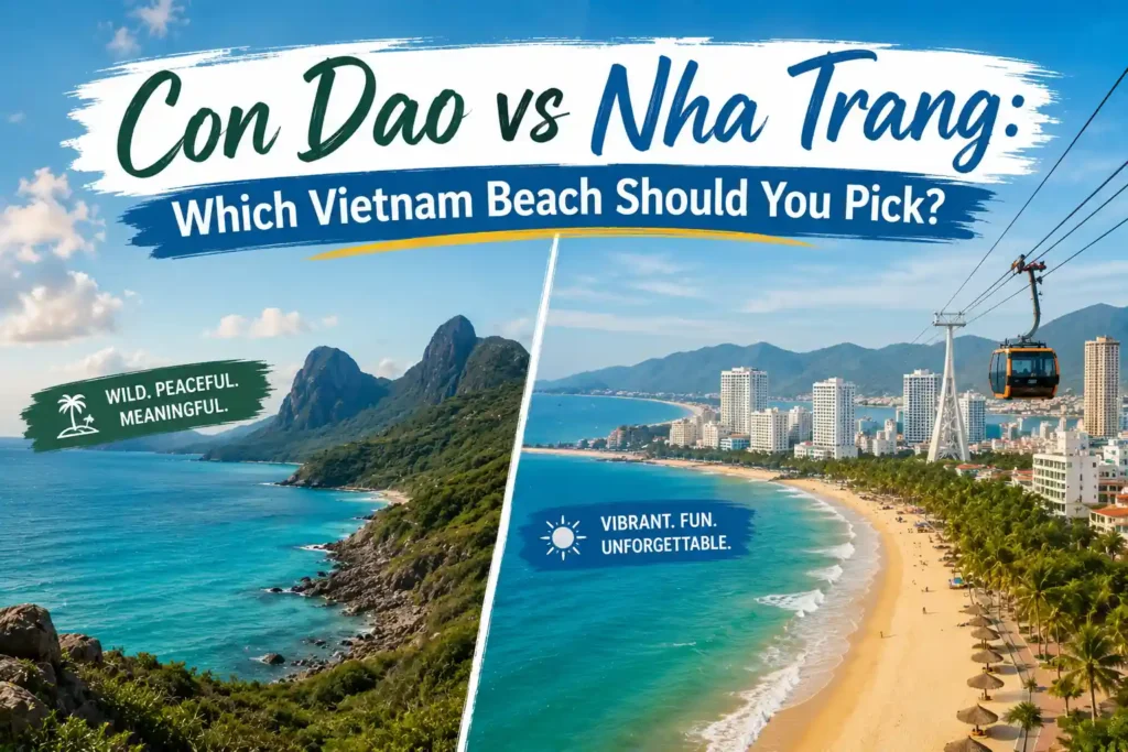 Con Dao vs Nha Trang featured image showing a split comparison of Vietnam beaches with Con Dao’s peaceful mountain coastline on the left and Nha Trang’s vibrant city beach skyline on the right.